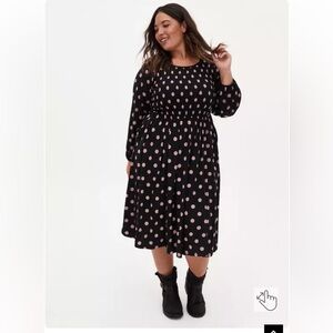 Torrid size 1X Black & Pink Polka Dot Studio Knit Smocked Midi Dress